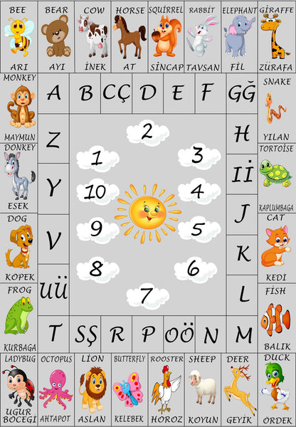 Hayvanlar ve Alfabe Dijital Baskı Çocuk Odası Halısı